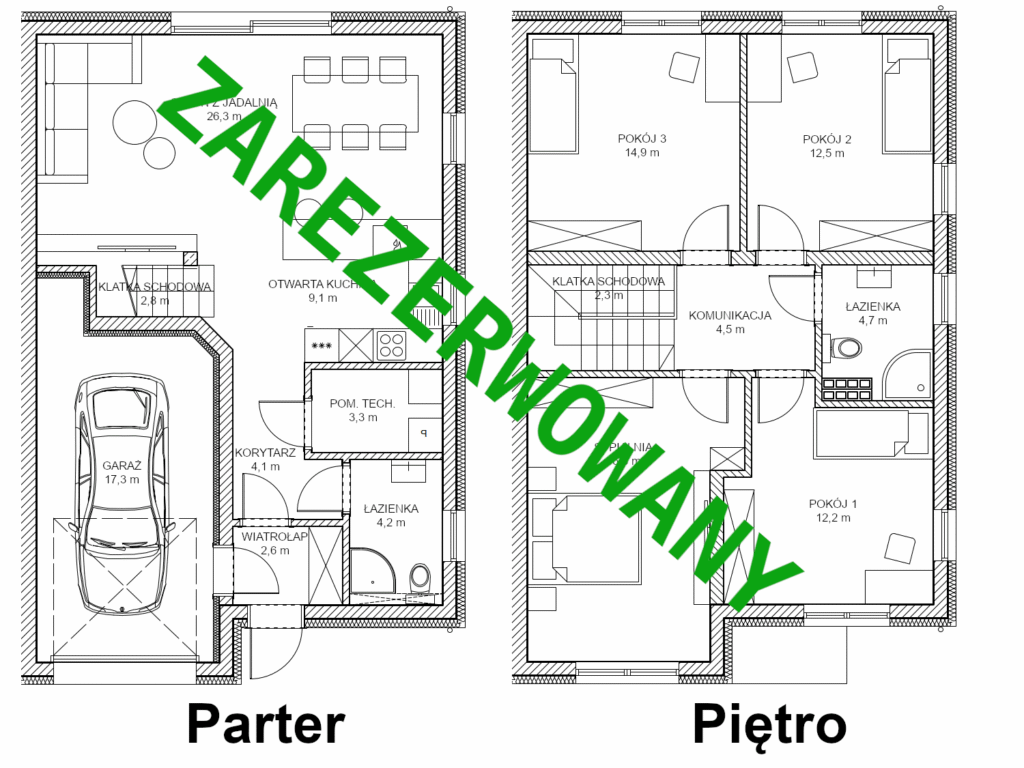 Plan domu z napisem zarezerwowany, strona prawa budynku