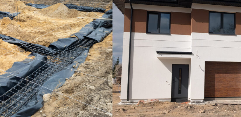 Porównanie budowy po roku czasu, od wylewania fundamentów po gotowy dom